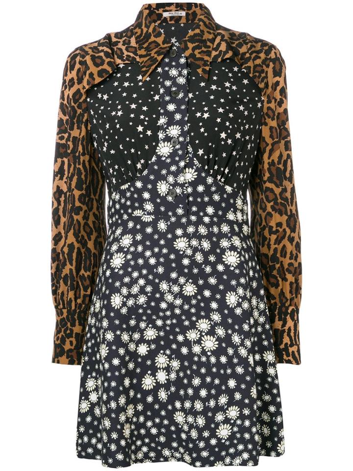 Miu Miu Printed Ruched Mini Shirt Dress - Black