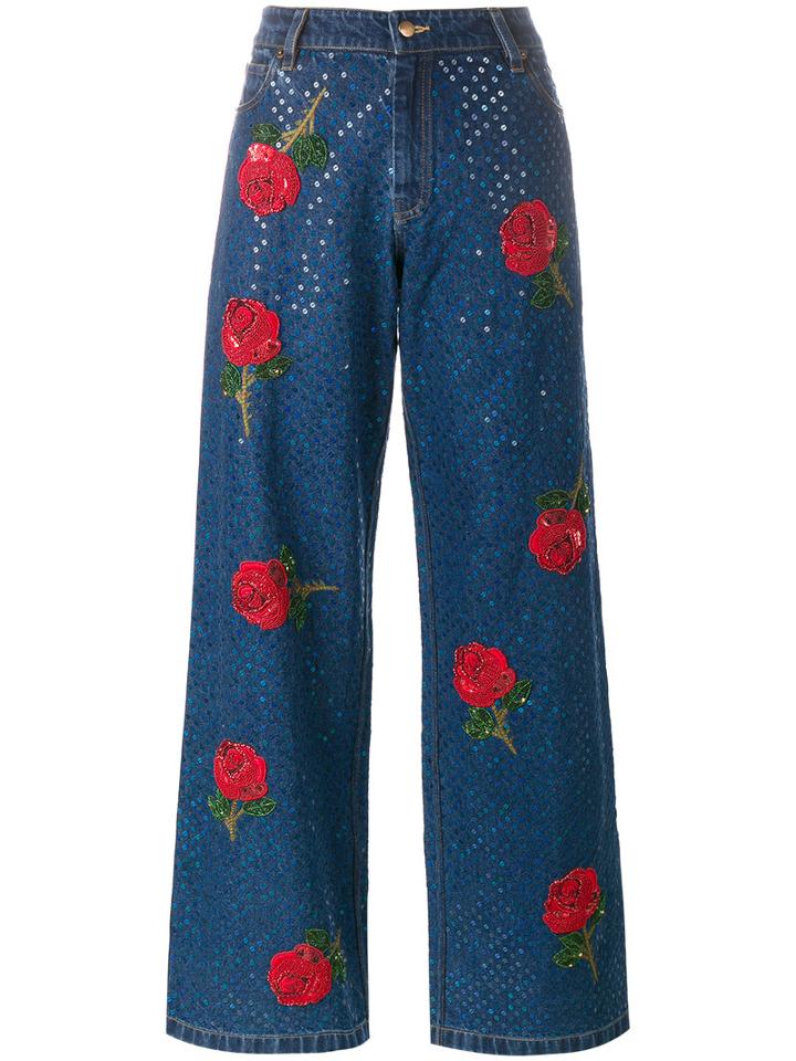 Ashish Rose Embroidered Sequin Jeans, Size: Large, Blue, Cotton