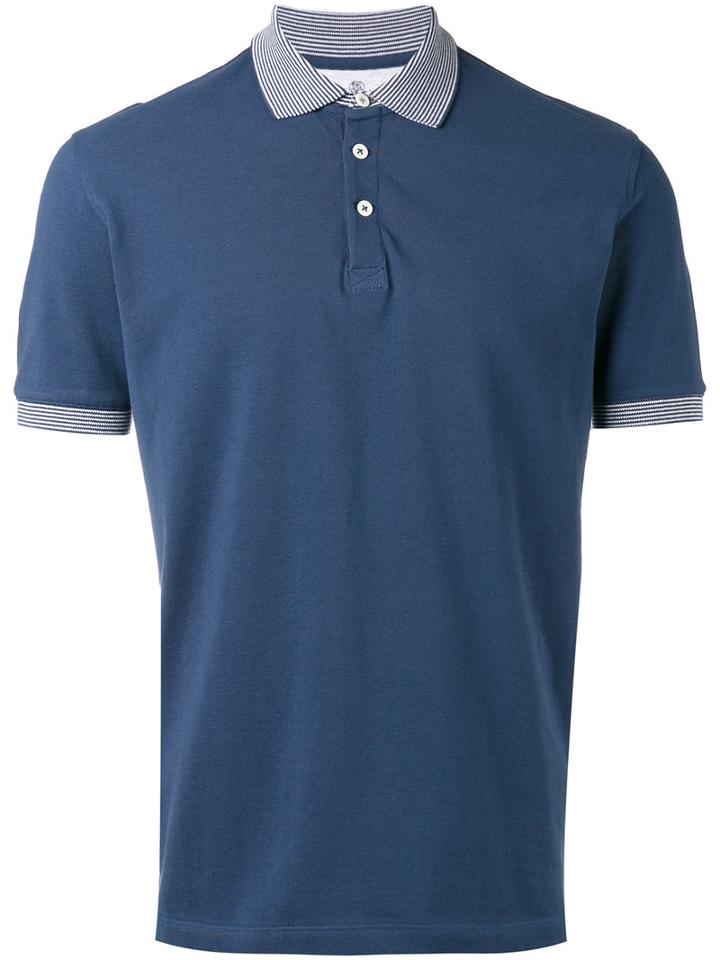 Brunello Cucinelli Striped Trim Polo Shirt, Men's, Size: Large, Blue, Cotton