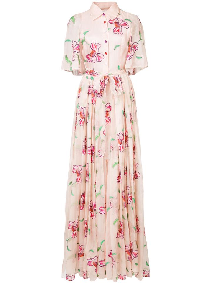 Carolina Herrera Floral Embroidered Shirt Gown - Pink & Purple