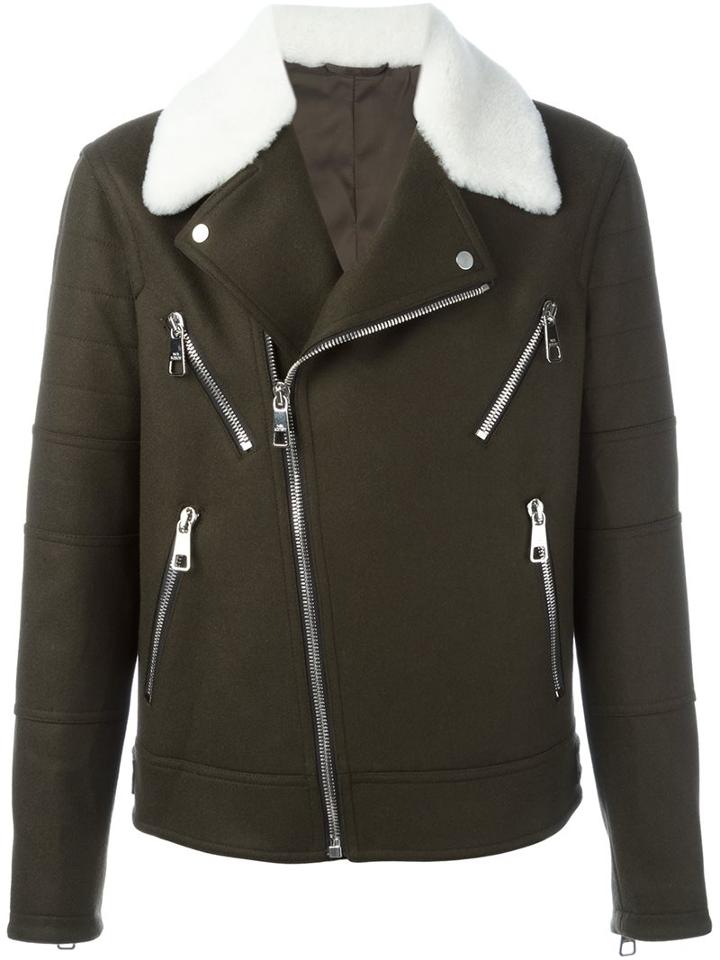 Neil Barrett Multi-pocket Biker Jacket, Men's, Size: 50, Green, Polyamide/polyester/viscose/lamb Fur