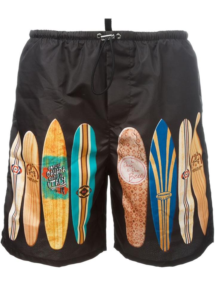 Dsquared2 Surfboard Print Swim Shorts, Men's, Size: 44, Black, Polyester