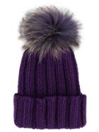 Inverni Raccoon Fur Pom Pom Beanie Hat - Pink & Purple