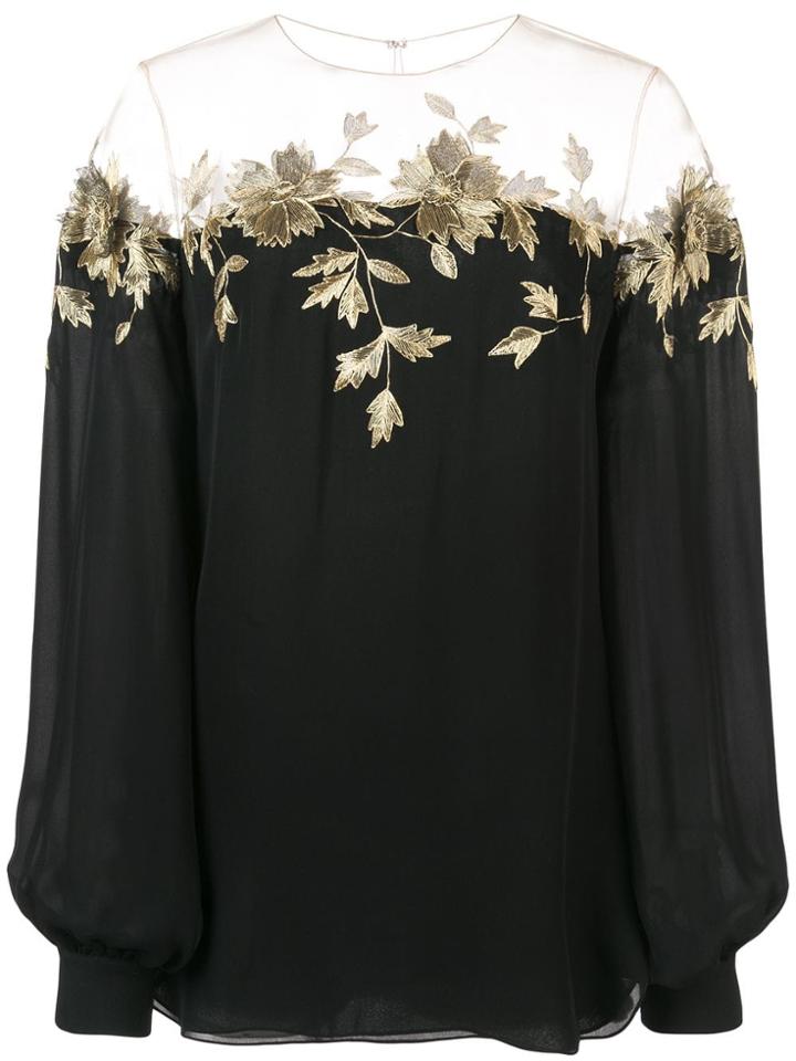 Oscar De La Renta Floral Embroidery Blouse - Black