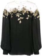 Oscar De La Renta Floral Embroidery Blouse - Black