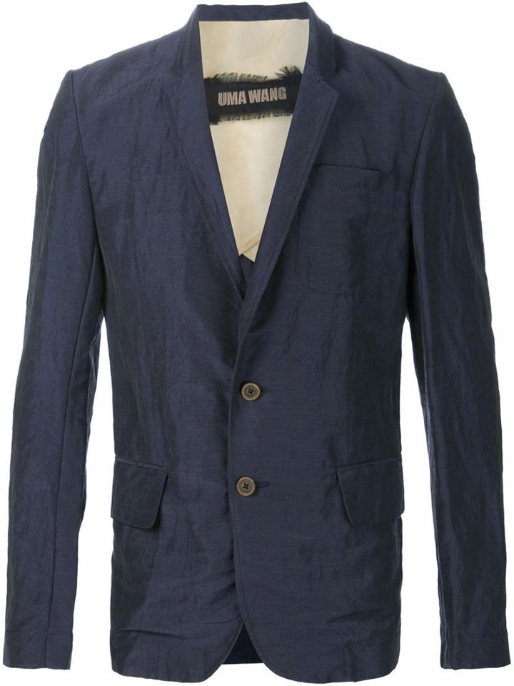 Uma Wang Two Button Creased Blazer, Men's, Size: Small, Blue, Linen/flax/polyester