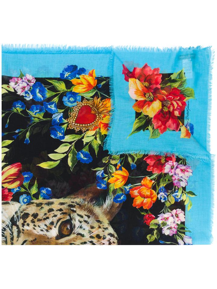 Dolce & Gabbana Floral And Leopard Print Scarf - Blue