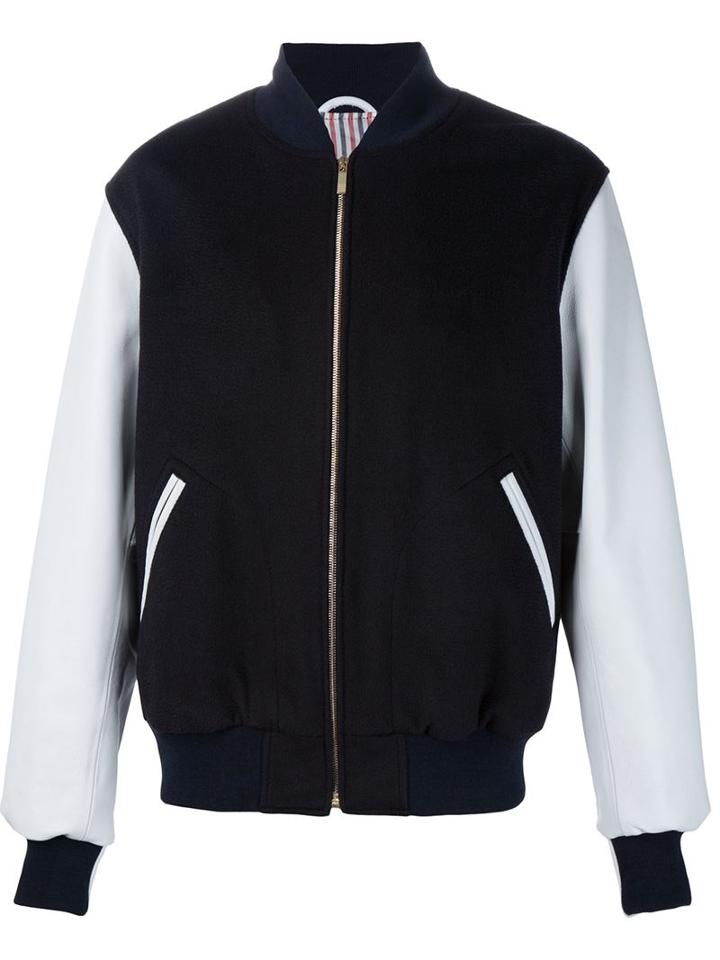 Thom Browne Zipped Varsity Jacket, Men's, Size: 3, Blue, Cotton/calf Leather/polyester/cashmere