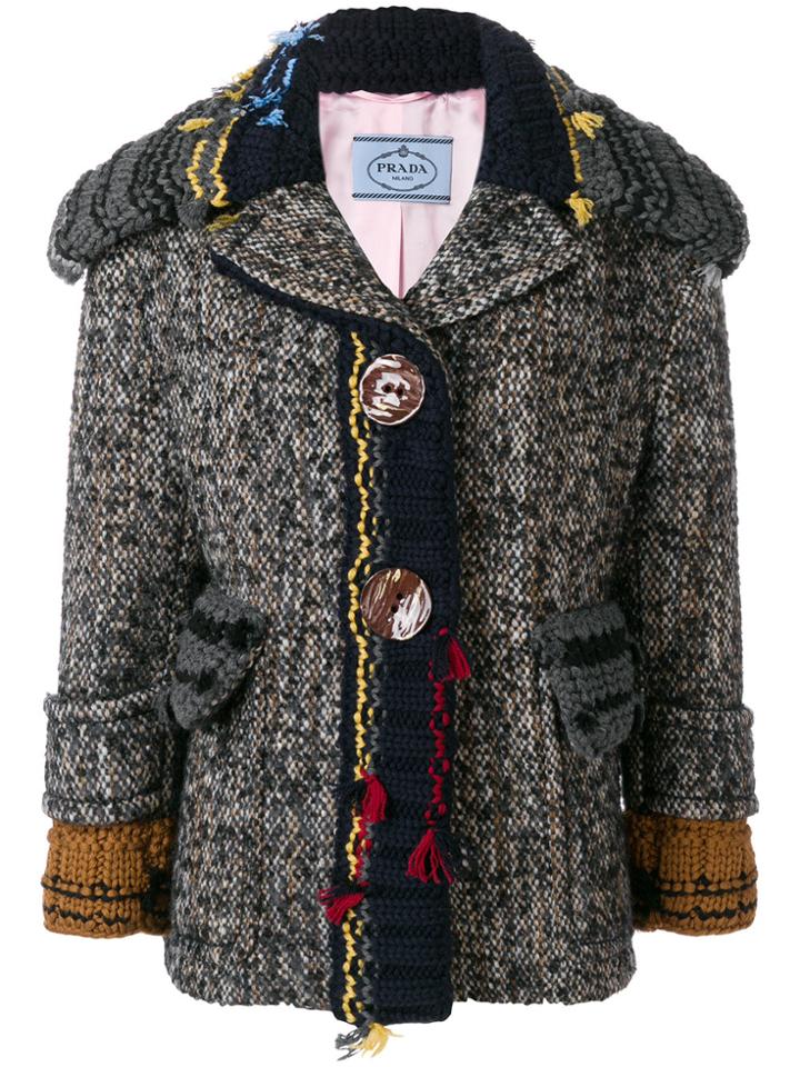 Prada Embroidered Knit Trim Jacket - Grey