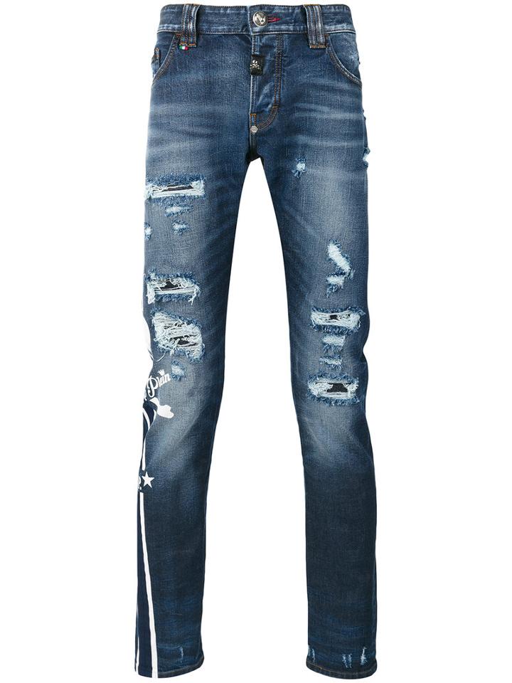 Philipp Plein - Distressed Straight-leg Jeans - Men - Cotton/polyester/spandex/elastane - 30, Blue, Cotton/polyester/spandex/elastane