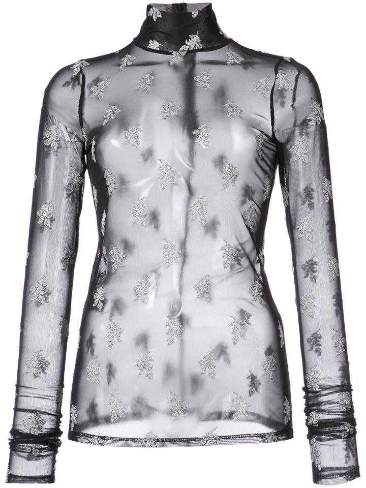 Cinq A Sept Floral Embroidered Sheer Top - Black