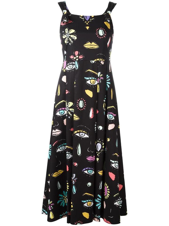 Boutique Moschino Multi Print Flared Dress, Women's, Size: 36, Black, Bamboo/cotton