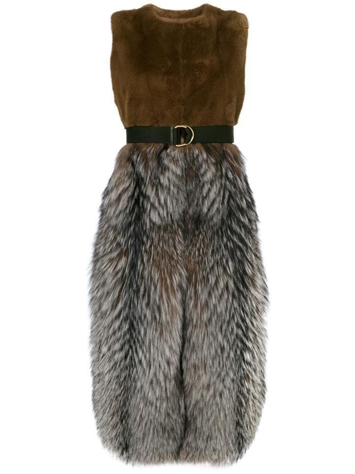 Blancha Fur Contrast Sleeveless Coat - Brown