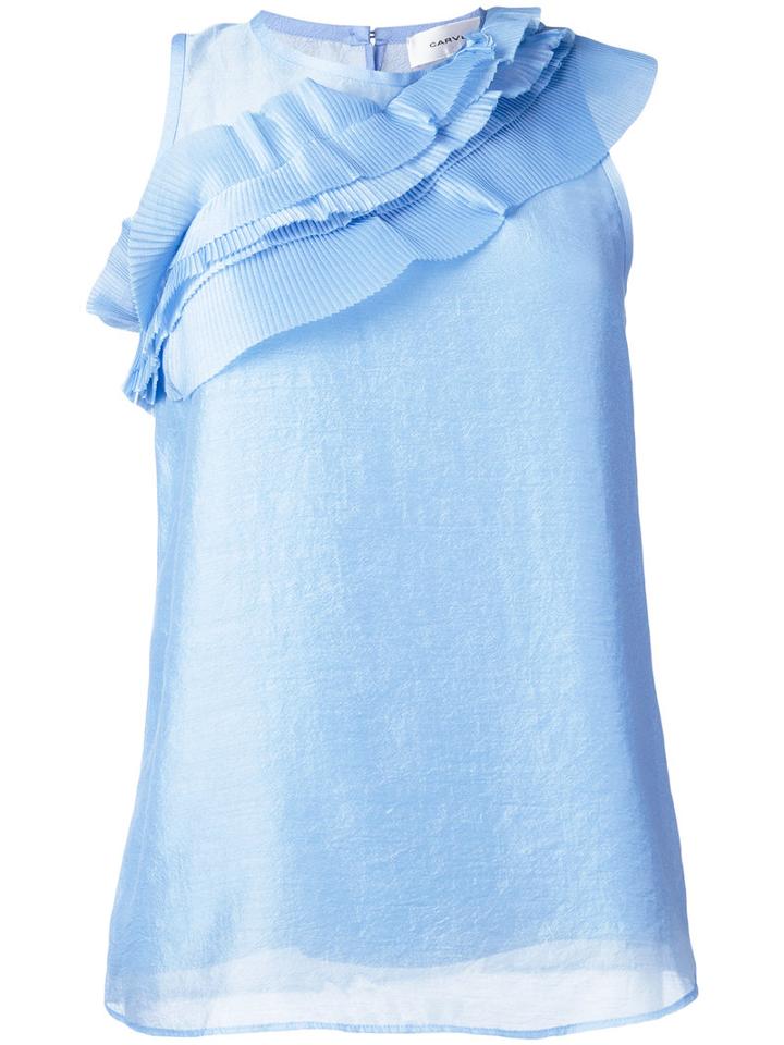 Carven Diagonal Pleated Detail Blouse, Women's, Size: 40, Blue, Polyester/acetate/silk
