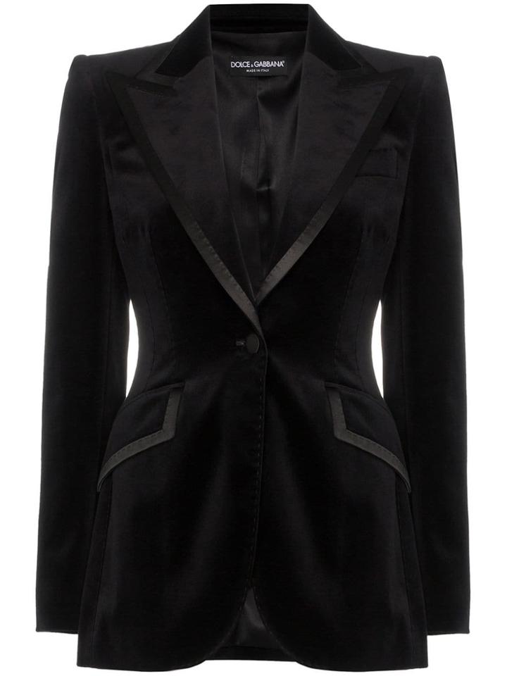 Dolce & Gabbana Satin Trim Fitted Velvet Blazer Jacket - Black