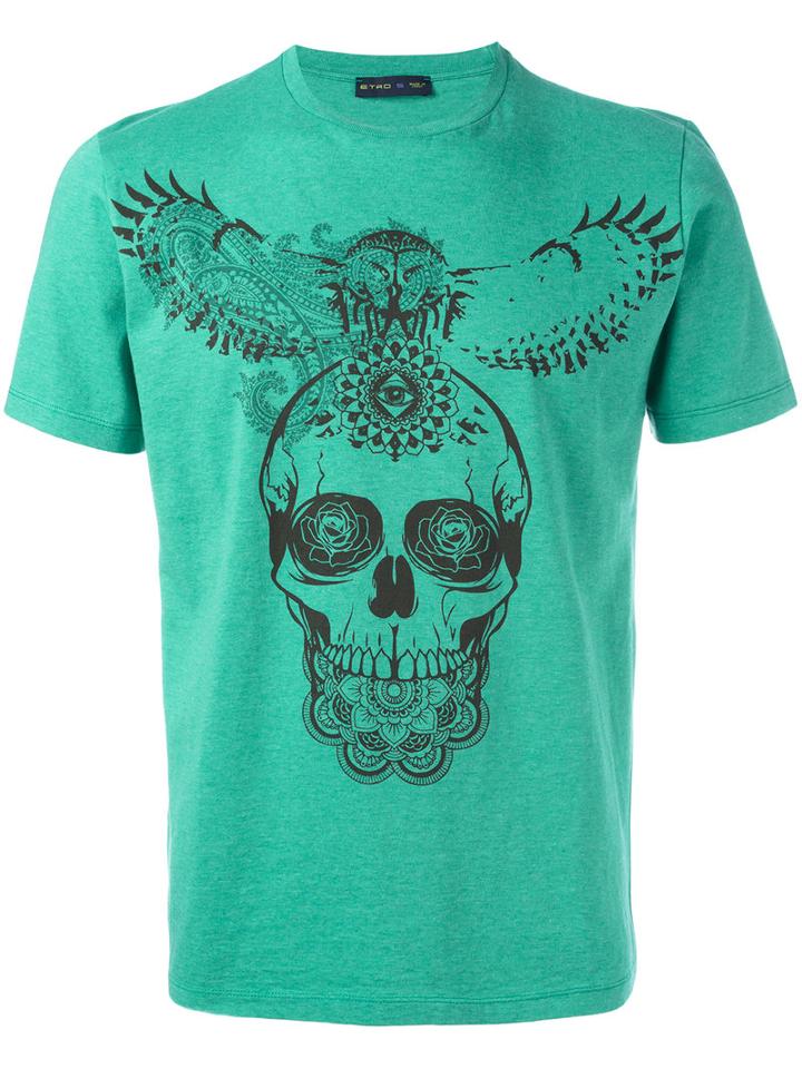 Etro Skull Print T-shirt, Men's, Size: Large, Green, Cotton