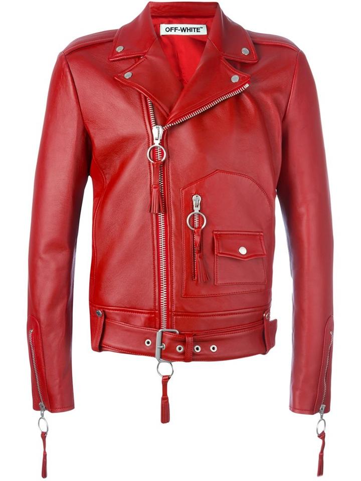 Off-white Zip Up Biker Jacket, Men's, Size: Large, Red, Lamb Skin/viscose