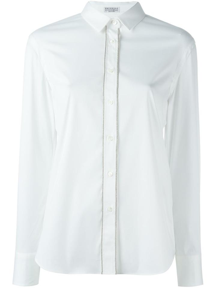 Brunello Cucinelli Embellished Placket Shirt, Women's, Size: Large, White, Cotton/polyamide/spandex/elastane