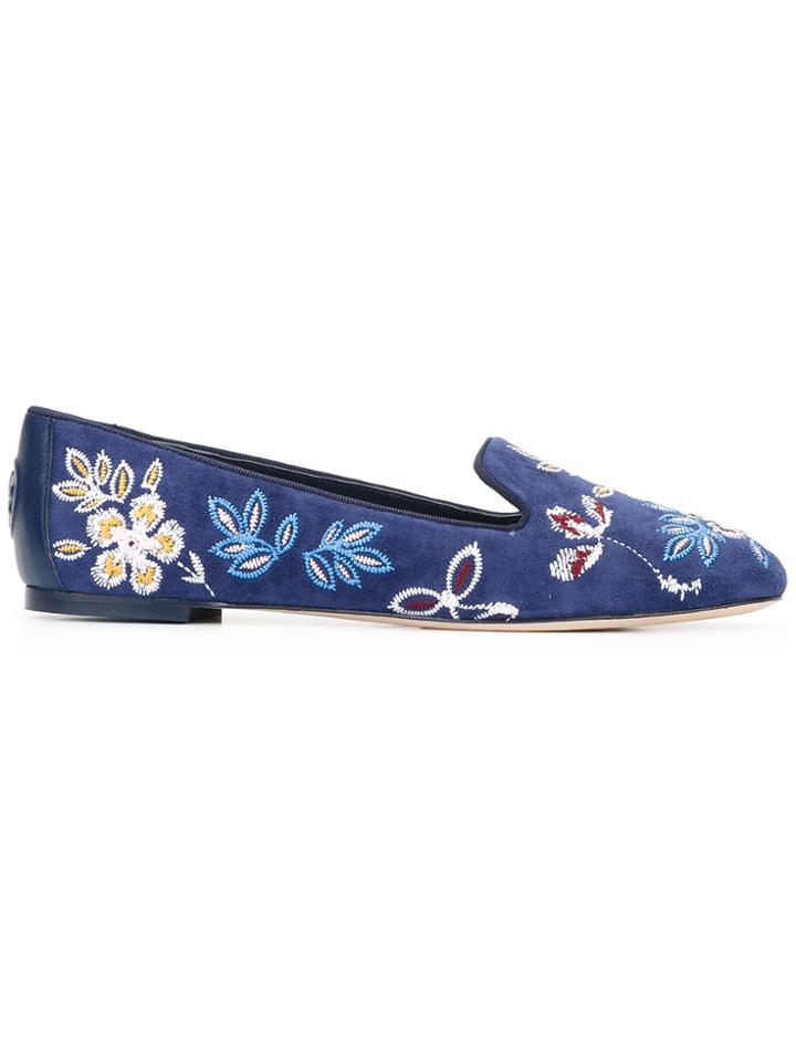 Tory Burch Embroidered Floral Slippers - Blue