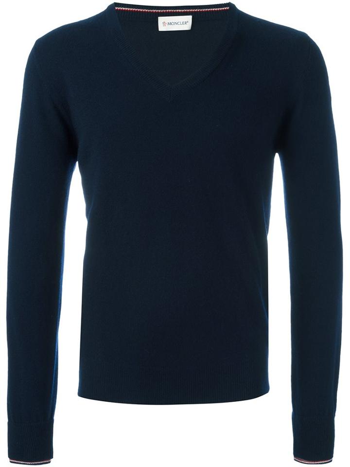 Moncler V-neck Jumper, Men's, Size: Xl, Blue, Virgin Wool