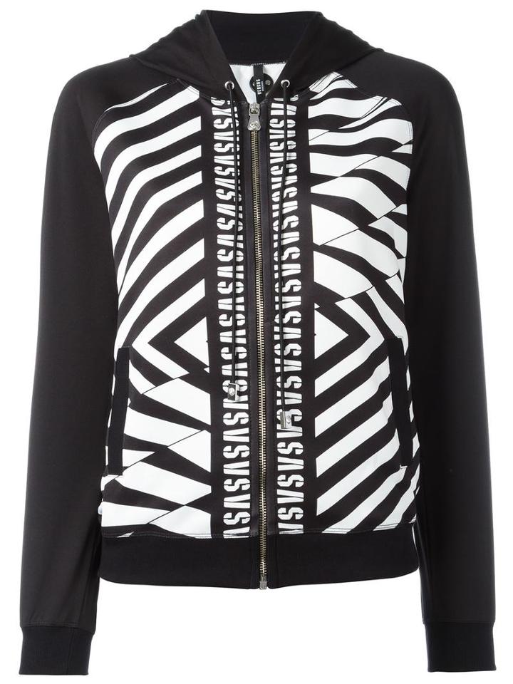 Versus Striped Print Zipped Hoodie, Women's, Size: Large, Black, Cotton/polyester/spandex/elastane