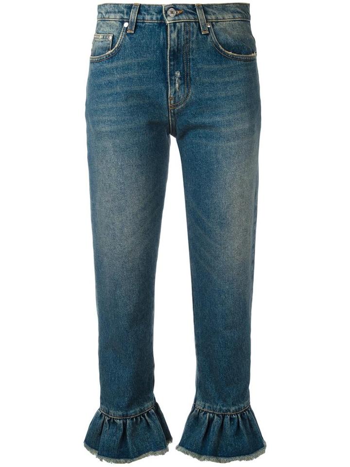 Msgm Ruffled Hem Cropped Jeans, Women's, Size: 44, Blue, Cotton/polyester