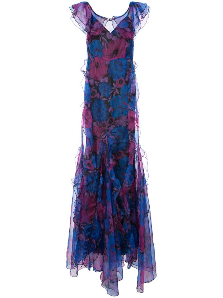 Alice Mccall Floral Print Frill Trim Gown - Blue