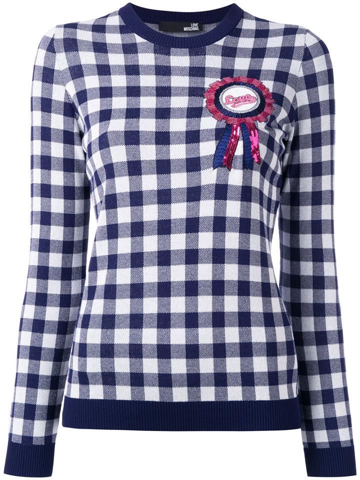 Love Moschino Checked Ribbon Motif Sweater, Women's, Size: 40, Blue, Viscose/polyester