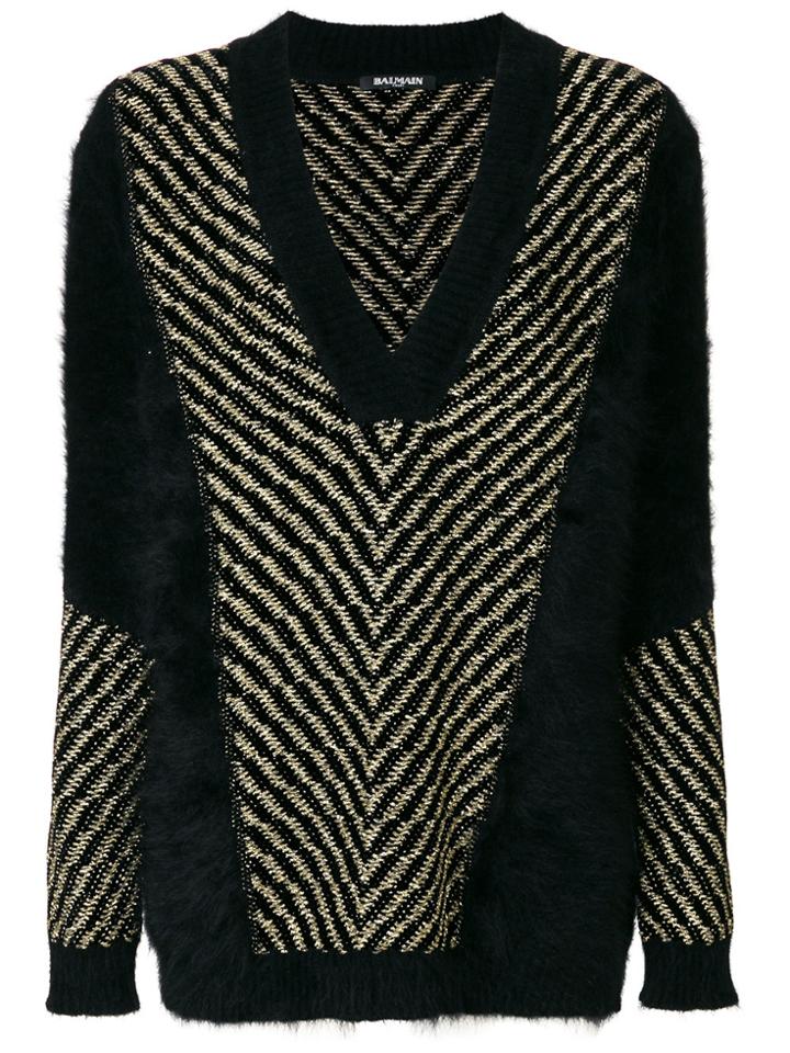 Balmain Knitted V-neck Jumper - Black