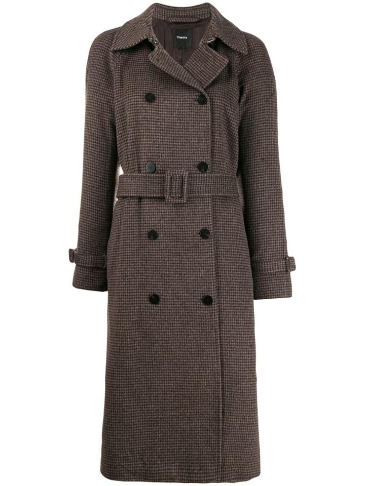 Theory Checked Belted Coat - Brown
