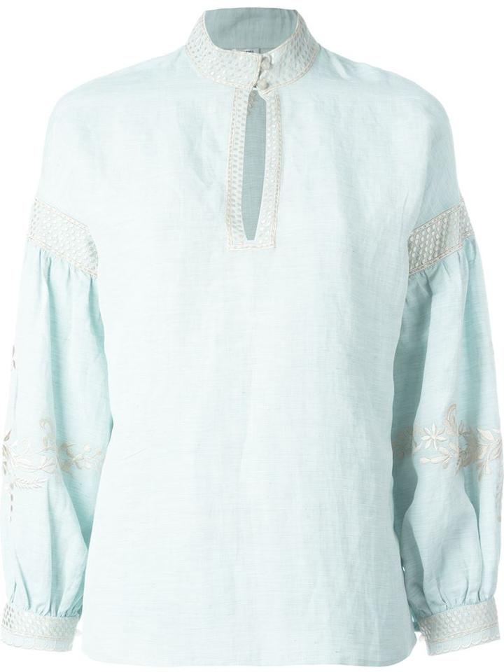 Vilshenko Band Collar Embroidered Blouse, Women's, Size: 36, Blue, Linen/flax/silk