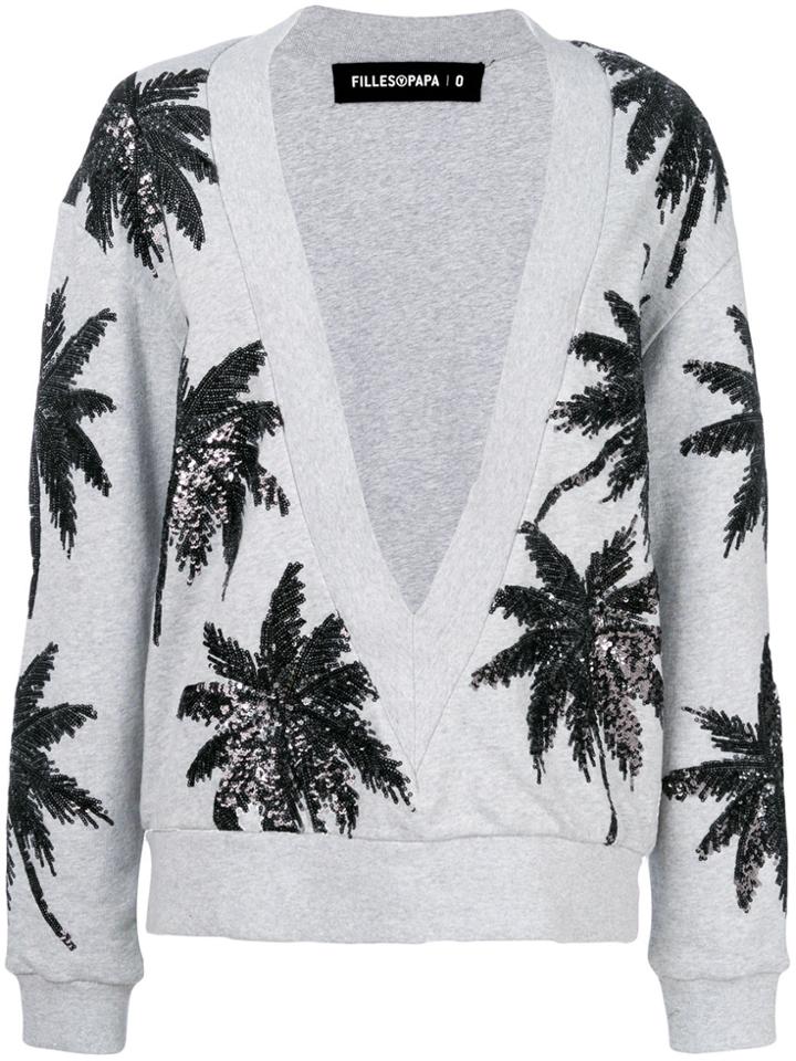 Filles A Papa Sequin Palm Tree V-neck Sweater - Grey