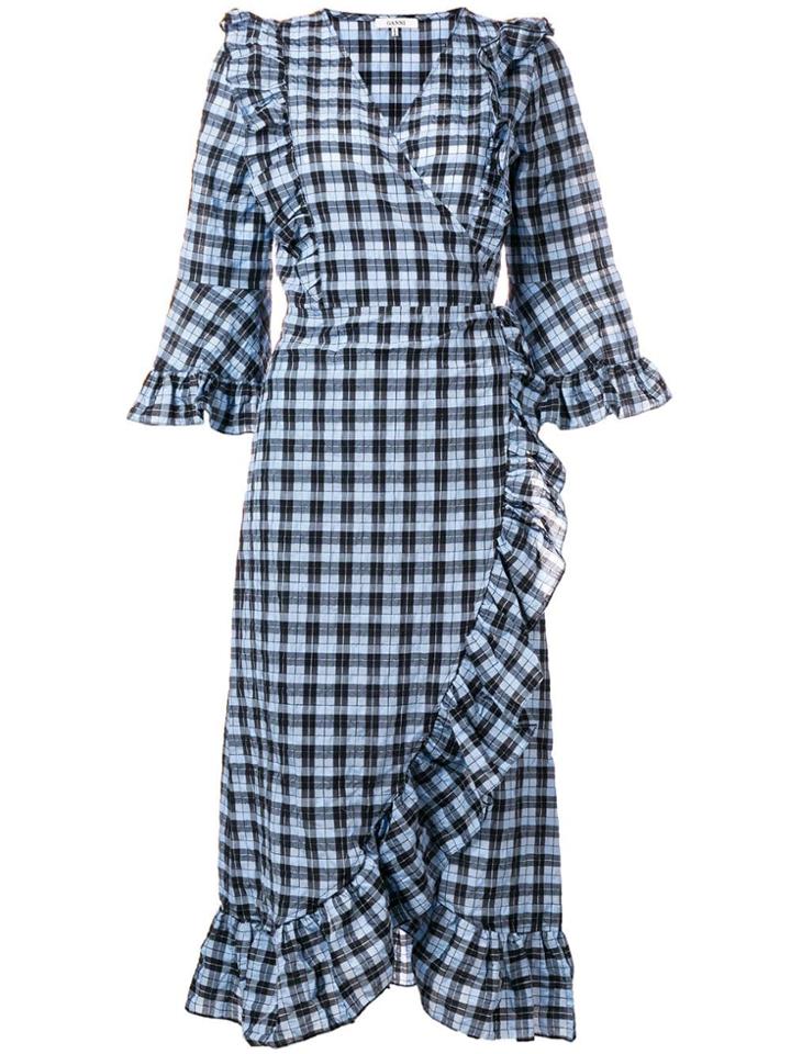 Ganni Ruffled Wrap Front Dress - Blue