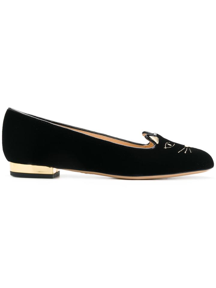 Charlotte Olympia Kitty Velvet Flats - Black