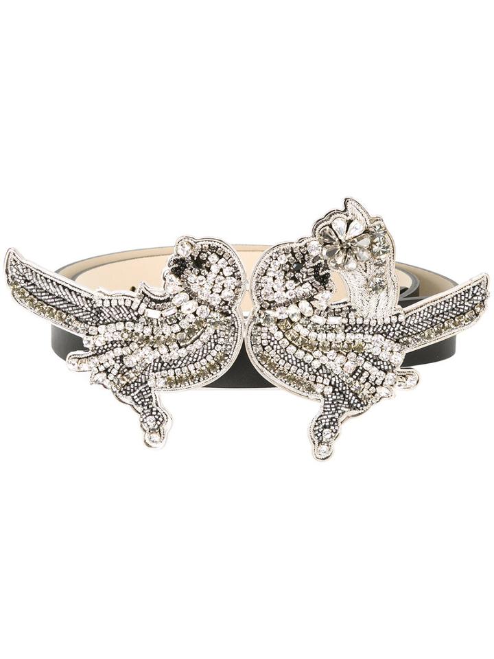 No21 Crystal Bird Buckle Belt, Size: 70, Black, Leather/metal/glass