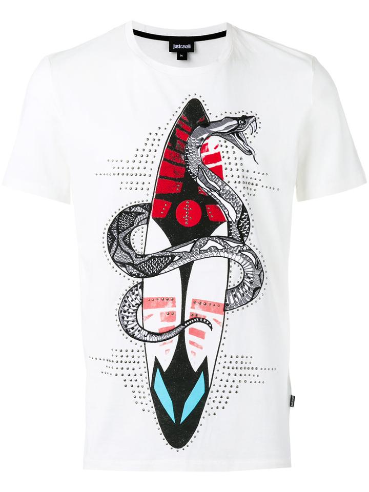 Just Cavalli Surf Snake Print T-shirt, Men's, Size: Small, White, Cotton