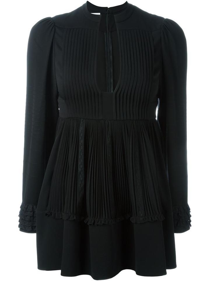 Valentino Plissé Georgette Blouse, Women's, Size: 42, Black, Silk/cotton/polyester