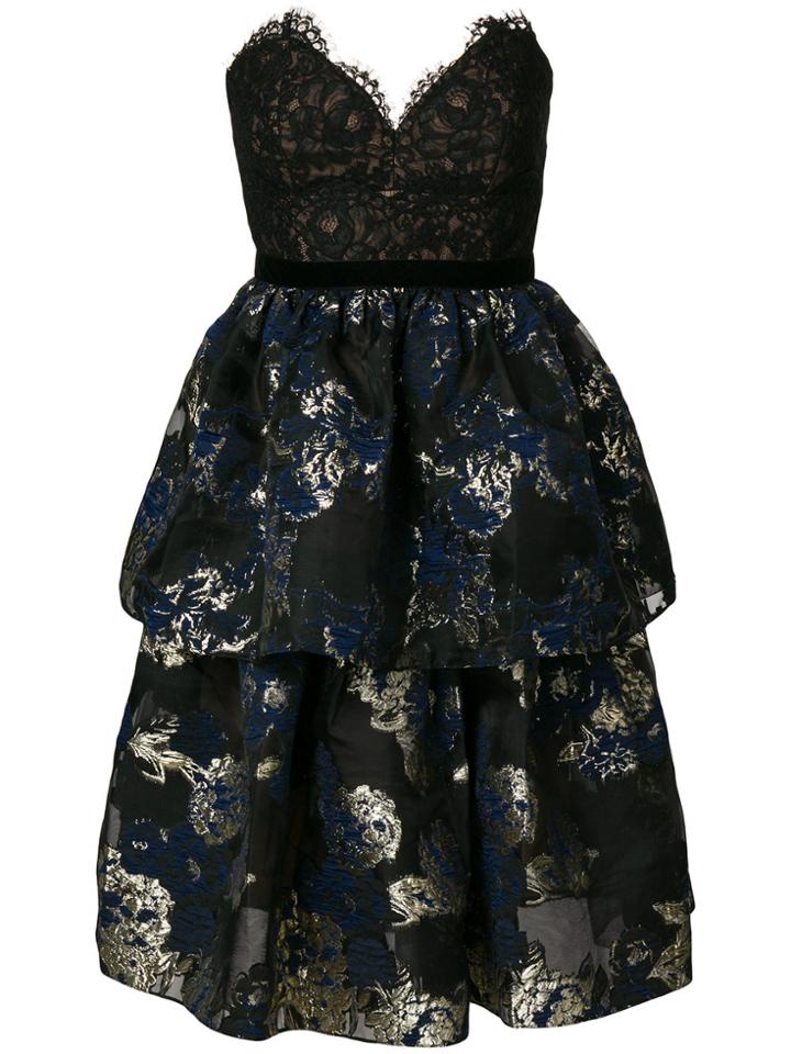 Marchesa Notte Floral Print And Lace Bustier Dress - Black