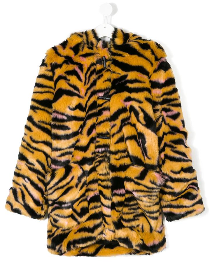 Kenzo Kids Tiger Stripe Faux Fur Hooded Coat - Yellow & Orange