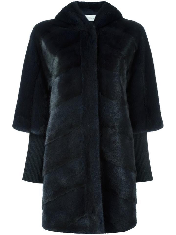 Yves Salomon Ribbed Half Sleeve Coat, Women's, Size: 38, Blue, Silk/mink Fur/polyester/cashmere