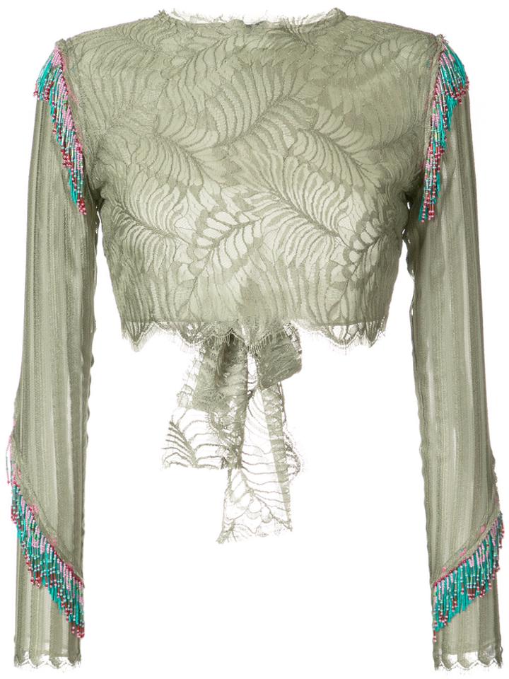 Baja East Fringed Cropped Lace Blouse - Green