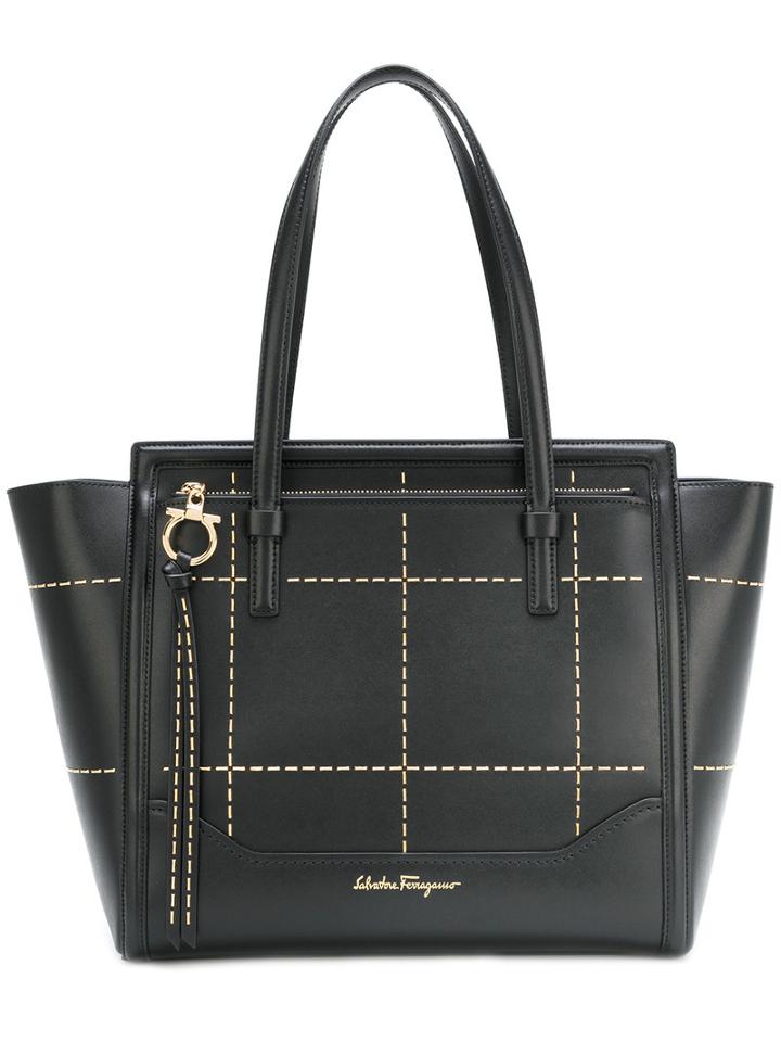 Salvatore Ferragamo - Grid Pattern Medium Tote - Women - Calf Leather/metal - One Size, Black, Calf Leather/metal