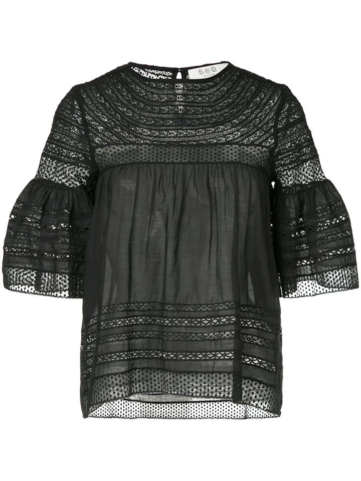 Sea Crochet Lace Panelled Blouse - Black