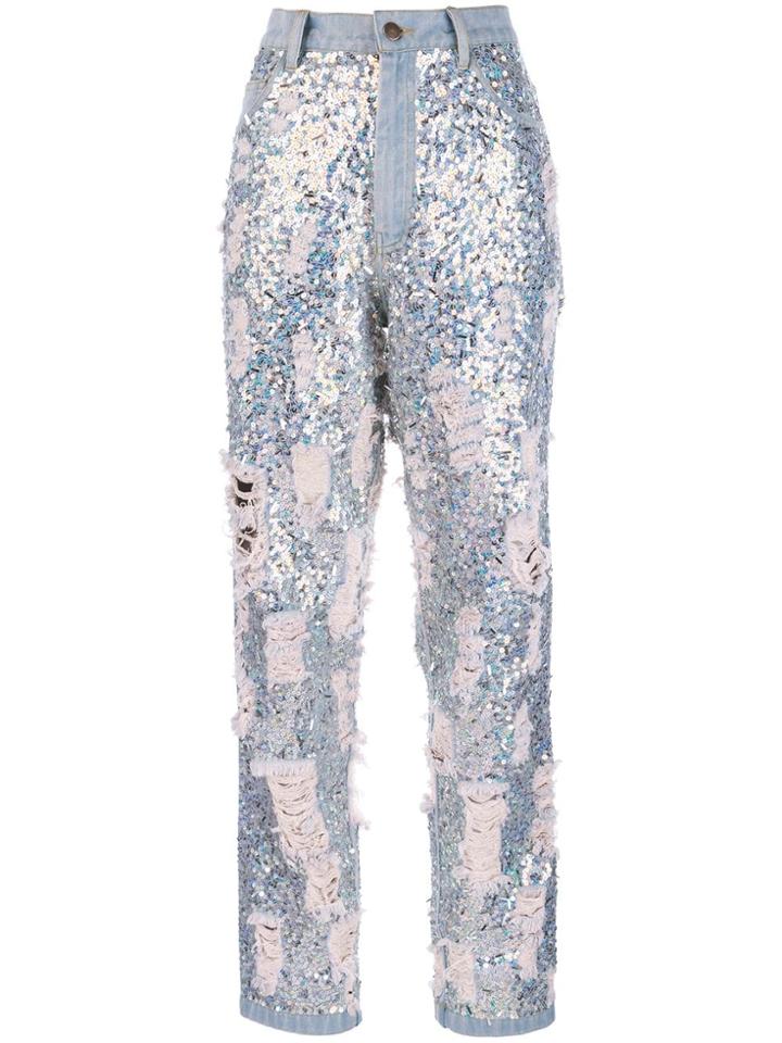Ashish Sequin Distressed Boyfriend Jeans - Blue