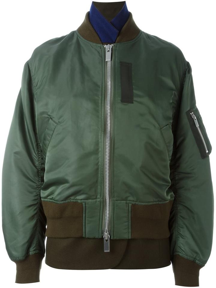 Sacai Layered Bomber Jacket, Women's, Size: 2, Green, Cotton/nylon/polyester/wool