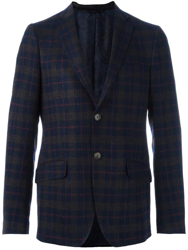 Etro Plaid Blazer, Men's, Size: 52, Blue, Silk/polyamide/acetate/wool