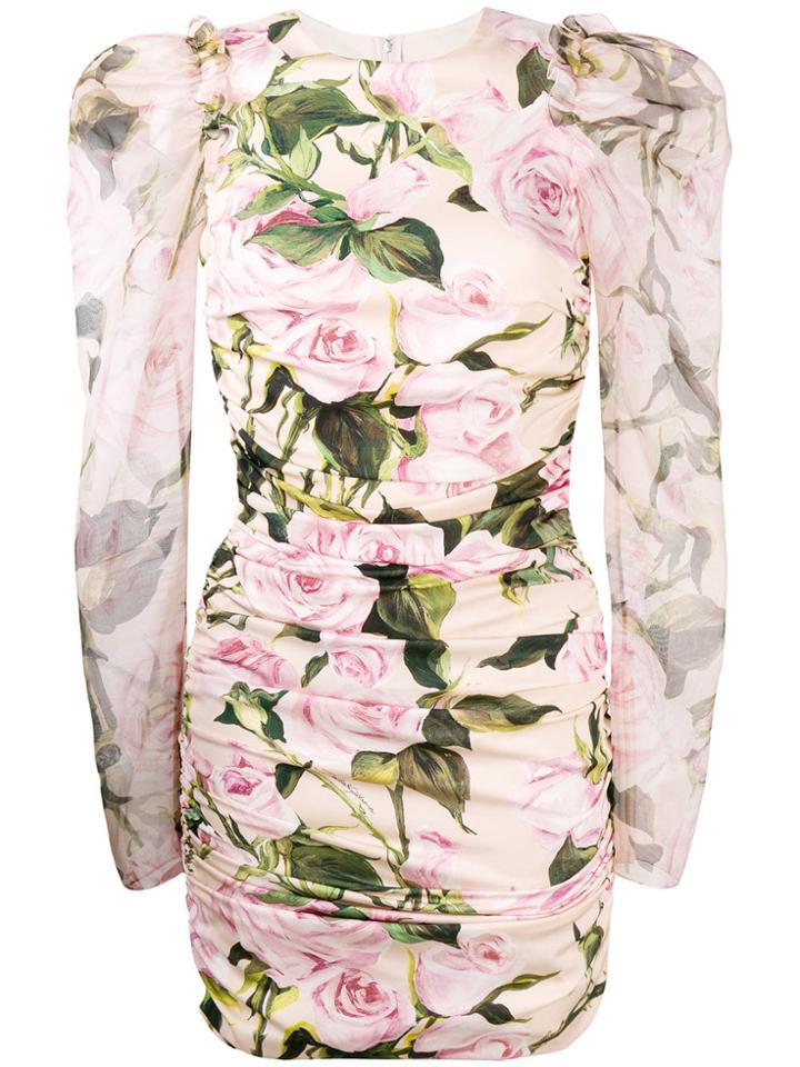 Dolce & Gabbana Ruched Floral Mini Dress - Pink & Purple