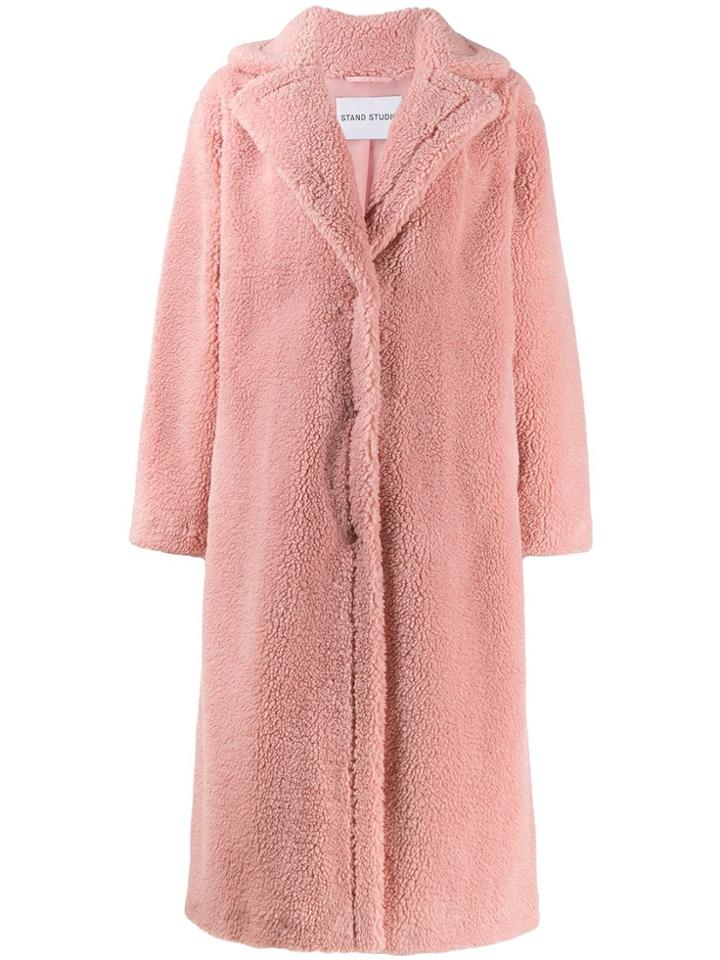 Stand Oversized Faux-shearling Coat - Pink
