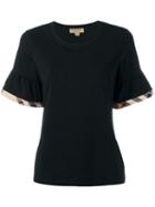 Burberry T-shirt With Check Trim Ruffles, Women's, Size: Medium, Black, Cotton/spandex/elastane