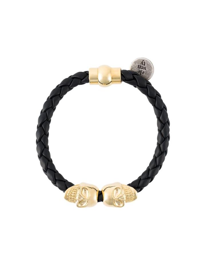 Eleventy Skull Charm Braided Bracelet, Men's, Size: Medium, Black